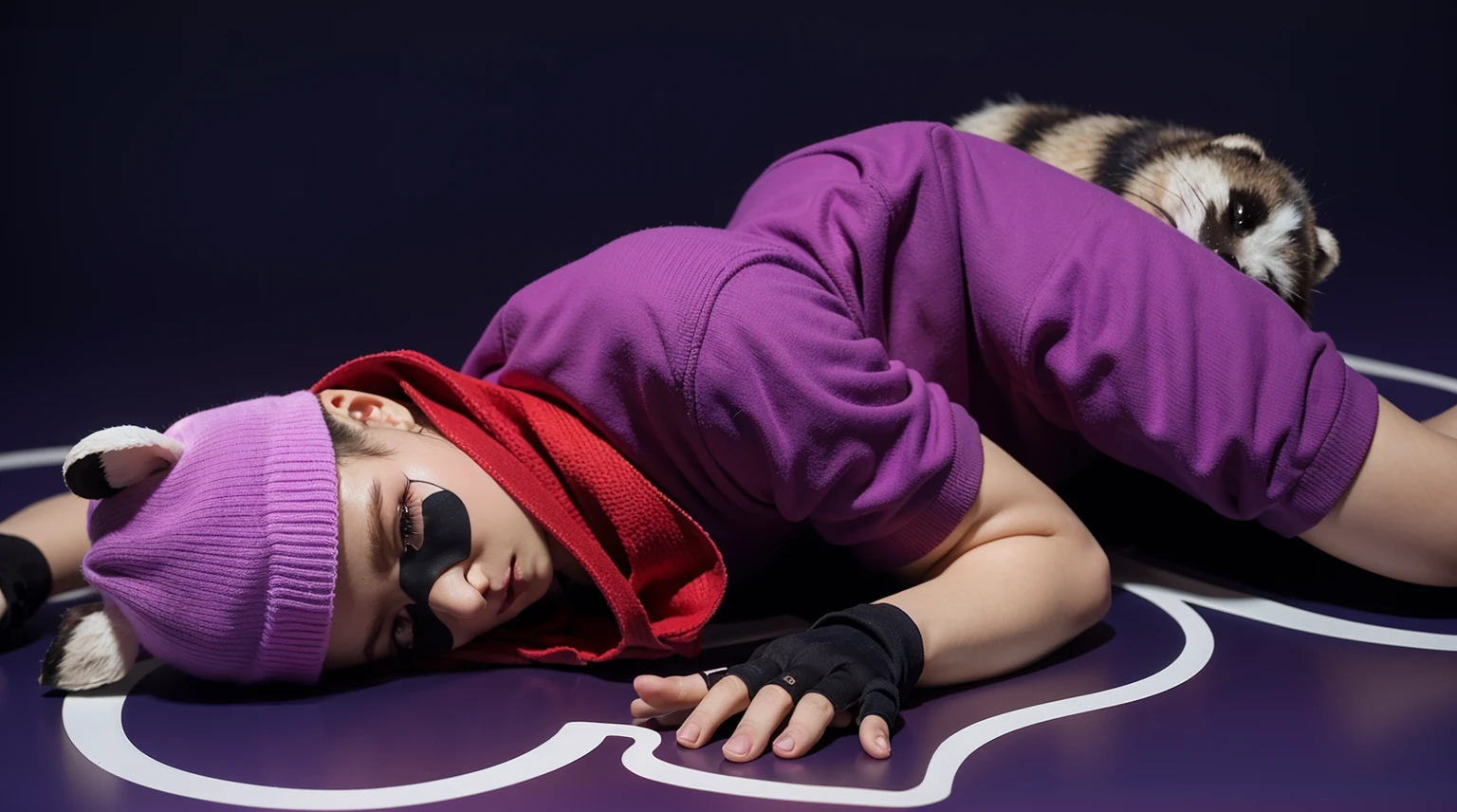 This image features a handsome, muscular, dark-skinned young man dressed in a raccoon costume. He is lying down with his eyes closed, wearing a vibrant purple outfit that includes a purple shirt and shorts. He also has a red scarf around his neck and a purple beanie hat with gray ears attached. His face is painted with black around the eyes and nose to mimic a raccoon's mask, and he is wearing black fingerless gloves. His beautiful dark skin adds to the striking appearance of his playful and whimsical costume. мультяшный рендеринг ключевого кадра, милый 3D рендеринг,,Create ultra sharp glossy цветной рендеринг zbrush. perfect cgi, cgi art created only with gradients, smooth silhouette, Create ultra sharp skin, high intensity refraction, (plastic material), most beautiful vfx, blue background, plastic refractions, glossy texture, smooth 3d model, multiple light sources, rim light, sharp post effects render, (glossy plastic texture with multiple big light probe refractions), perfect cgi, cgi art created only with gradients, smooth silhouette, high intensity refraction, (plastic material), most beautiful vfx, blue background