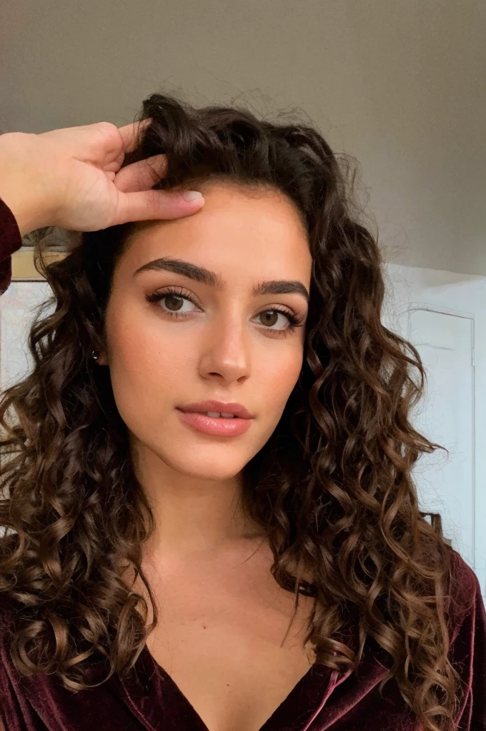 pretty beautiful brunette, wears full pajamas ,regard objectif camera, Angle parfait, very detailed, 25 ans, visage affectueux, long curly hair, Brown eyes, high resolution, head of'artwork, best quality,intricate details, very detailed,sharpness, detailed skin,realistic skin texture,texture, detailed eyes, Professionnel, 4K, ssmile, shot with Canon, 85mm,shallow depth of field,Kodak Vision Color, eye shadow, extremely detailed, photo_\(ultra\), photorealistic, realistic, Post-traitement, maximum detail, roughness, real life, ultra realistic, photorealism, la photographie, 8K , la photographie, sans soutien-gorge