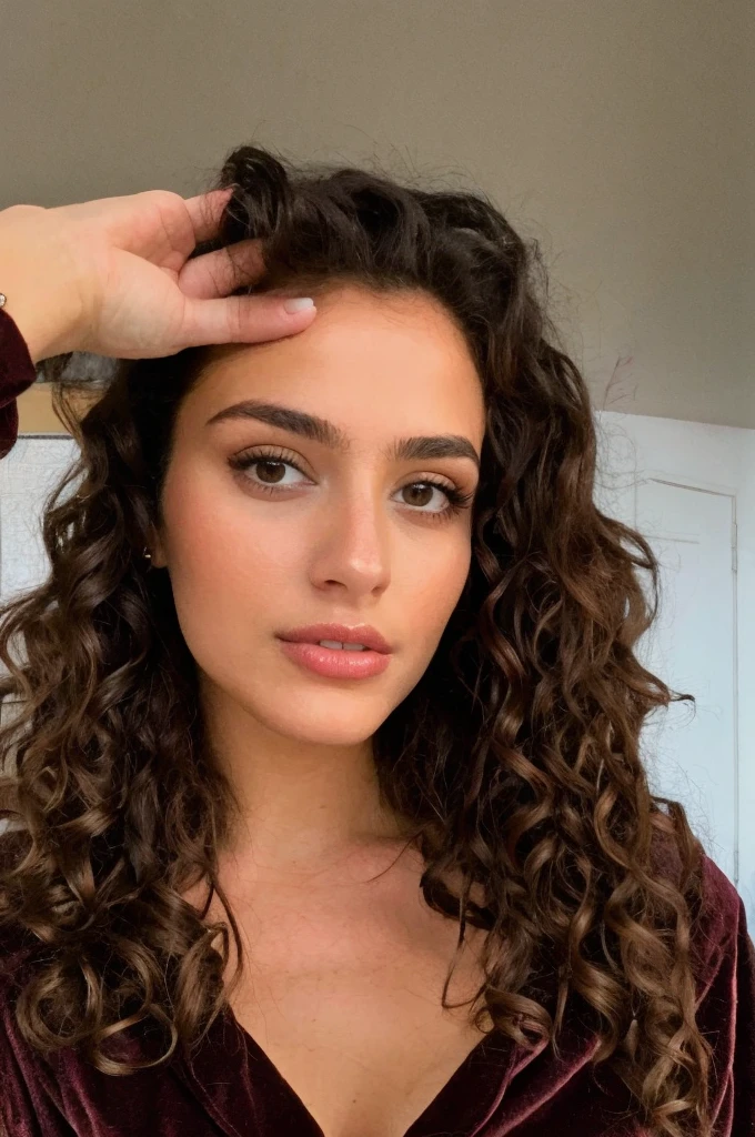 pretty beautiful brunette, wears full pajamas ,regard objectif camera, Angle parfait, very detailed, 25 ans, visage affectueux, long curly hair, Brown eyes, high resolution, head of'artwork, best quality,intricate details, very detailed,sharpness, detailed skin,realistic skin texture,texture, detailed eyes, Professionnel, 4K, ssmile, shot with Canon, 85mm,shallow depth of field,Kodak Vision Color, eye shadow, extremely detailed, photo_\(ultra\), photorealistic, realistic, Post-traitement, maximum detail, roughness, real life, ultra realistic, photorealism, la photographie, 8K , la photographie, sans soutien-gorge
