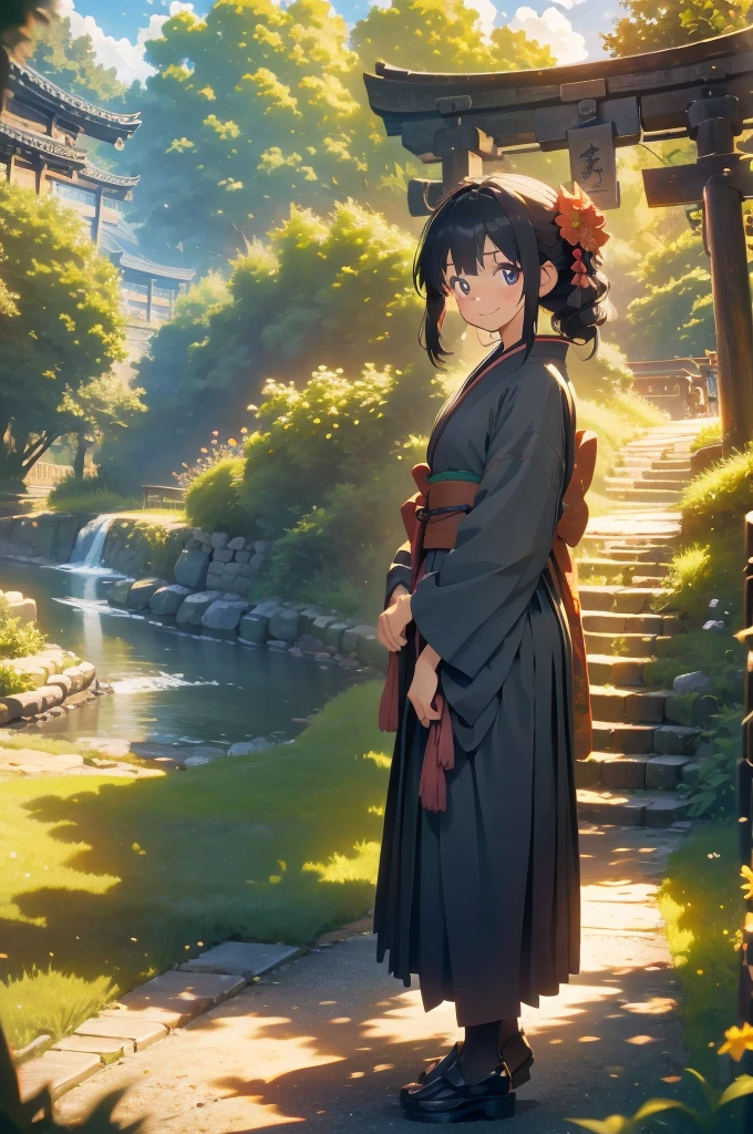 (masterpiece), (high resolution 8K), professional illustration,(1 girl:1.3), late teenage, standing, thigh focus, dutch angle, japanese clothes, kimono, hair ornament, long hair, smile, looking up, shrine, temple, torii, beautiful starry sky, night,natural lighting, high contrast, stunning face, symmetrical clear eyes, detailed eyes and face, detailed skin