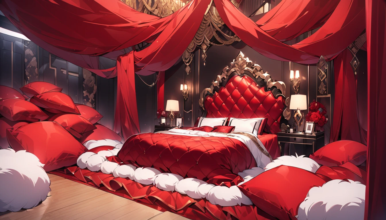 Fluffy red silk duvet、Lots of giant silk pillows、Luxurious fluffy red silk bed
