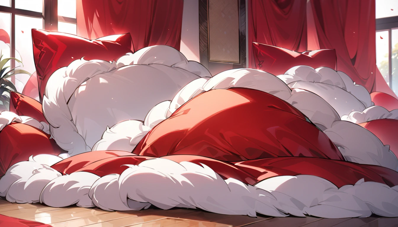 Fluffy red silk duvet、Lots of giant silk pillows、Luxurious fluffy red silk bed