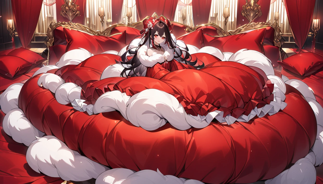 Fluffy red silk duvet、Lots of giant silk pillows、Luxurious fluffy red silk bed