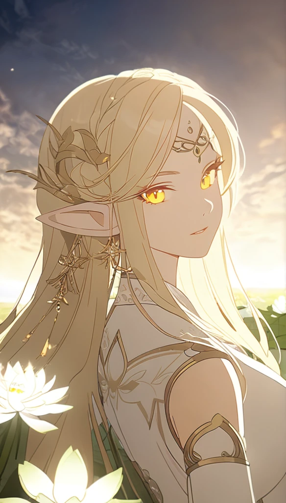 1woman, beautiful, elven ears, white god, light blonde hair, longest hairstyle, glowing yellow eyes, white lotus field, white light princess, luxury, traditional thai dress,