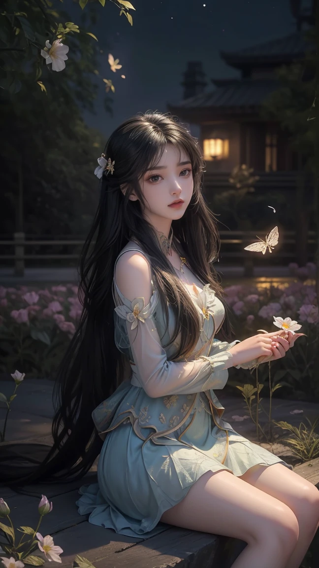 1girl, girl with long black hair, smiling, cheerful, girl is sitting among a wide expanse of flowers, surrounded by beautiful flowers, Calm and peaceful atmosphere, night, moonlight , Beautiful glowing butterflies surround the girl lighting up the darkness of the night, magic,Romantic, the night breeze blows the Sepoi Sepoi girl's hair, 