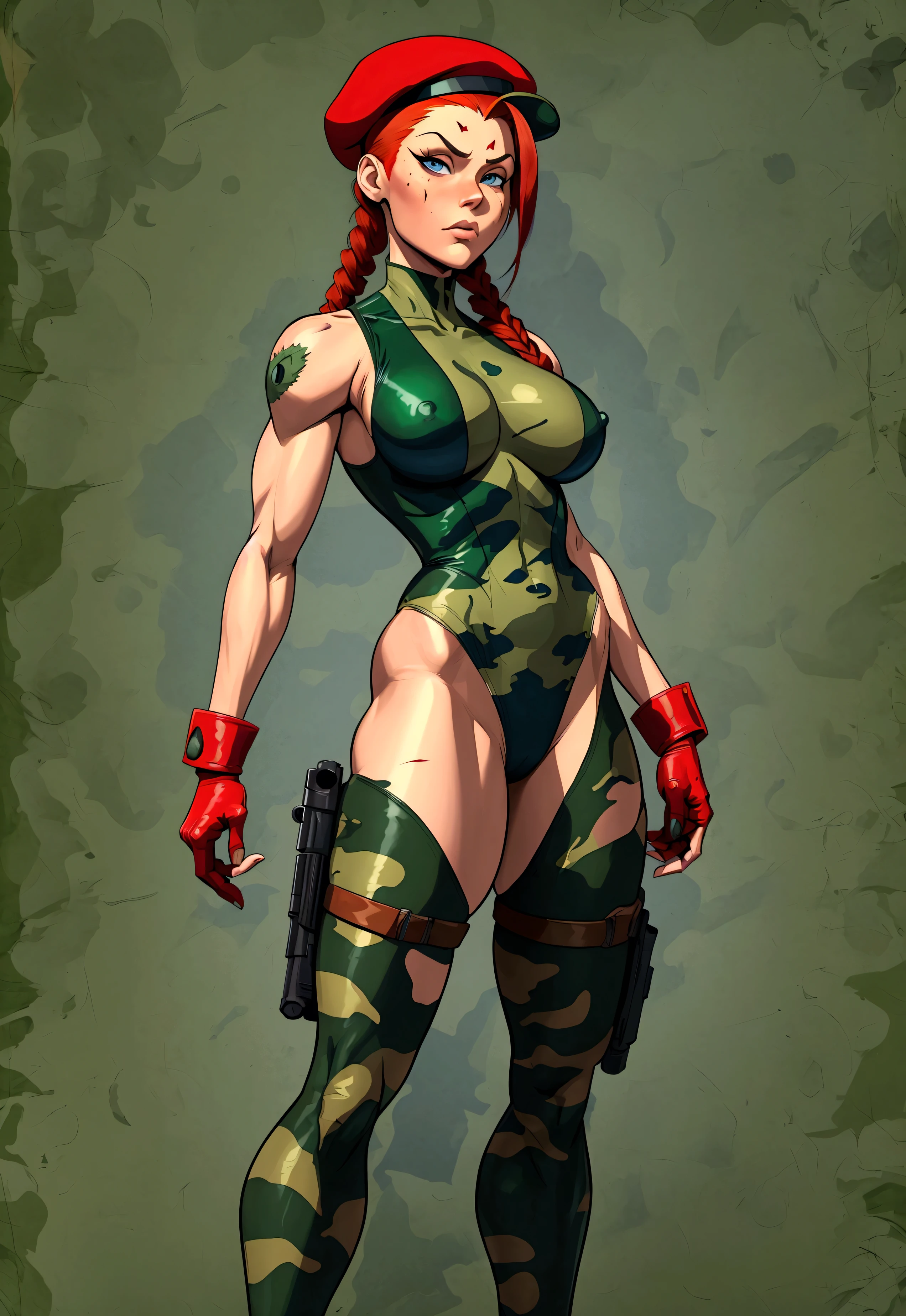 (Shadman art:1.2),((masterpiece)),(((best quality))),((character design sheet)), concept, poses, masterpiece, best quality, highres, 1girl, cammy white, twin braids, long hair, blonde hair, antenna hair, beret, military gear, (red headwear:1.3), blue eyes, scar on cheek, green leotard, large breasts, sleeveless, red gloves, fingerless gloves, camouflage, cowboy shot, standing, outdoors, arms at sides, straight-on, blank background ,chara-sheet
