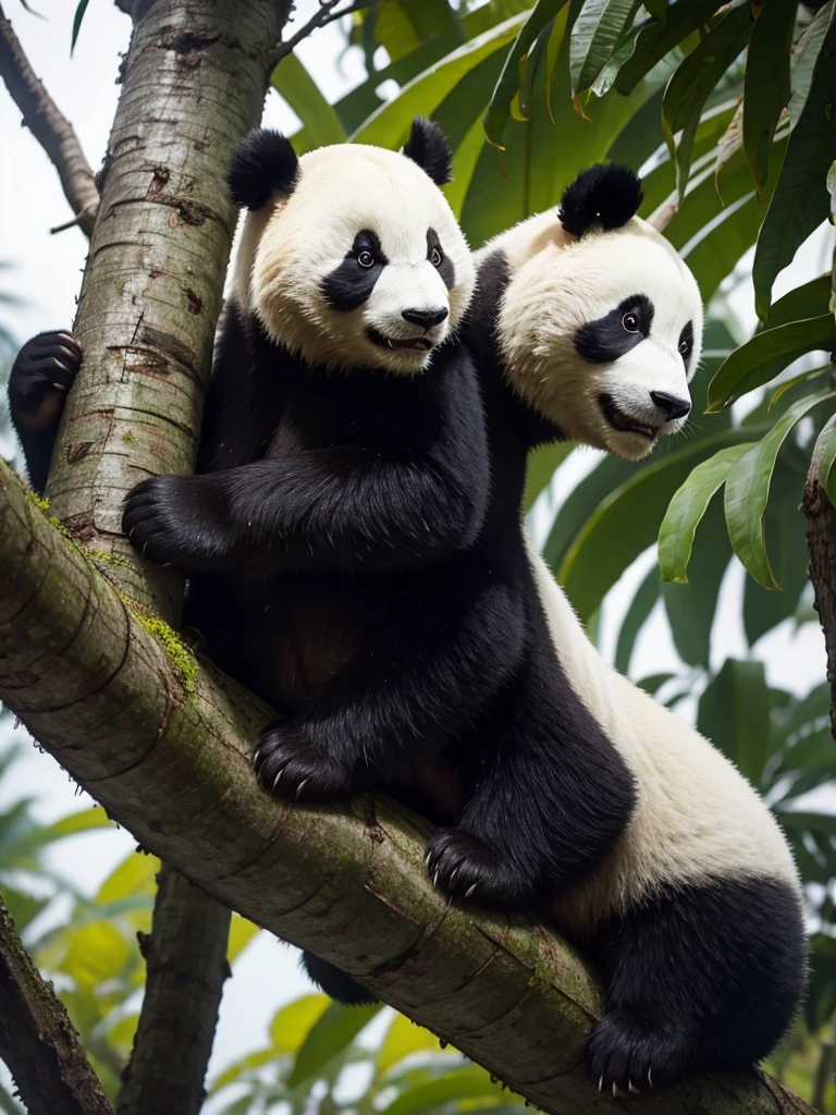While looking at the panda, suddenly he saw a banana fruit on the banana tree