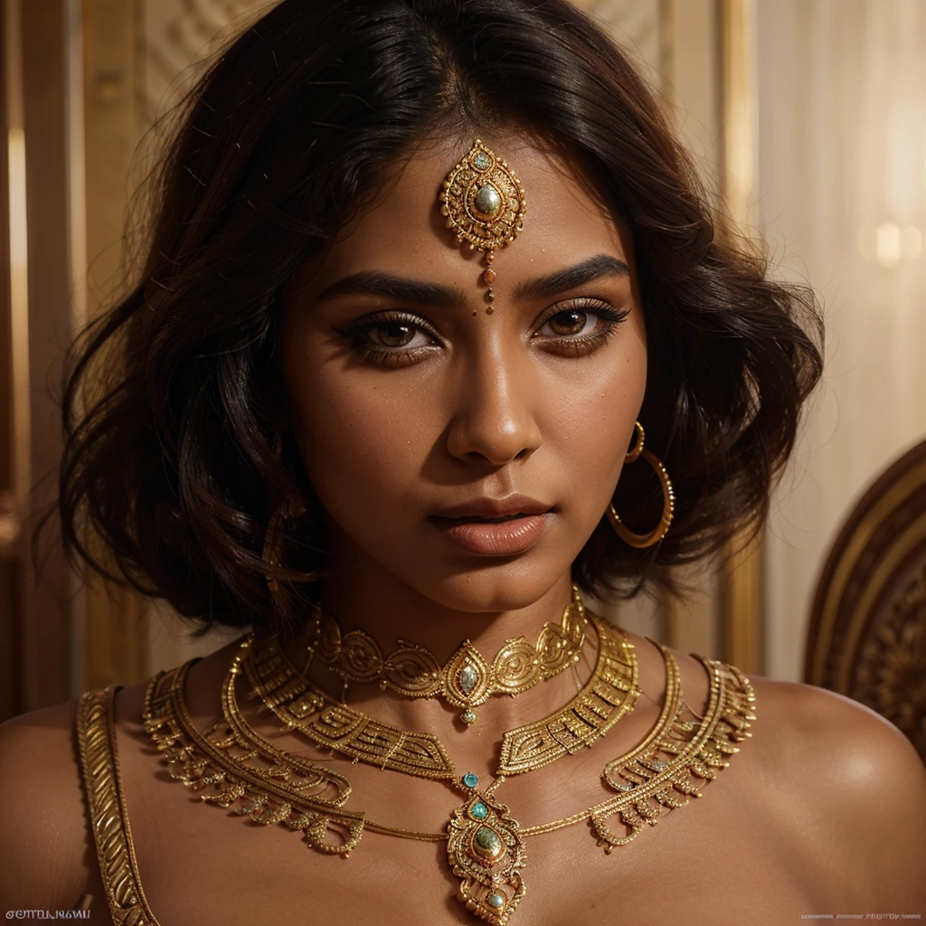 a stunningly beautiful indian woman, smooth skin, goddess-like physique, detailed portrait, highly detailed face, piercing eyes, full lips, long eyelashes, ornate jewelry, intricate clothing, opulent background, cinematic lighting, vibrant colors, photorealistic, exquisite digital art, masterpiece