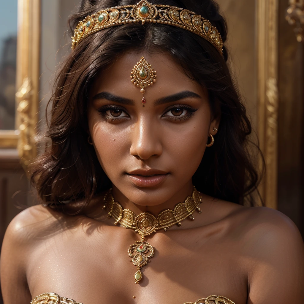 a stunningly beautiful indian woman, smooth skin, goddess-like physique, detailed portrait, highly detailed face, piercing eyes, full lips, long eyelashes, ornate jewelry, intricate clothing, opulent background, cinematic lighting, vibrant colors, photorealistic, exquisite digital art, masterpiece