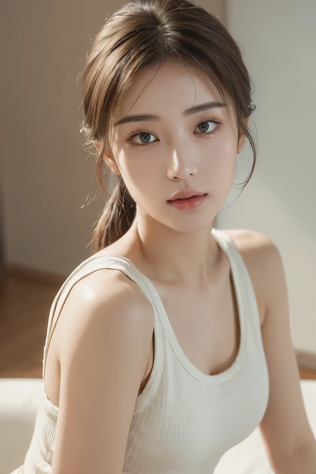 ((Highest quality, 8K, masterpiece :1.3)), One girl, Beautiful woman with slim abdominal muscles :1.3, (Random Hairstyles :1.2), Oversized tank top :1.2, Highly detailed face, Fine grain, double eyelid, Underarm