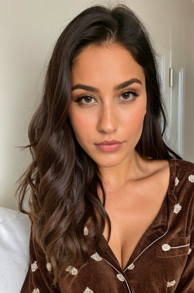 pretty beautiful brunette, wears full pajamas ,Tout le corps, Angle parfait, very detailed, 32 ans, visage affectueux, long messy hair, Brown eyes, high resolution, head of'artwork, best quality,intricate details, very detailed,sharpness, detailed skin,realistic skin texture,texture, detailed eyes, Professionnel, 4K, ssmile, shot with Canon, 85mm,shallow depth of field,Kodak Vision Color, eye shadow, extremely detailed, photo_\(ultra\), photorealistic, realistic, Post-traitement, maximum detail, roughness, real life, ultra realistic, photorealism, la photographie, 8k uh, la photographie, sans soutien-gorge, photo ot