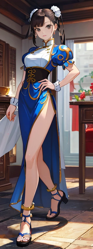chun-li,((masterpiece)), ((best quality)), ((ultra detailed)), ((kawaii)), cute, (lovely), ((extremely detailed)), ((8K)), (beautiful),flat breast, tiny breast,full body