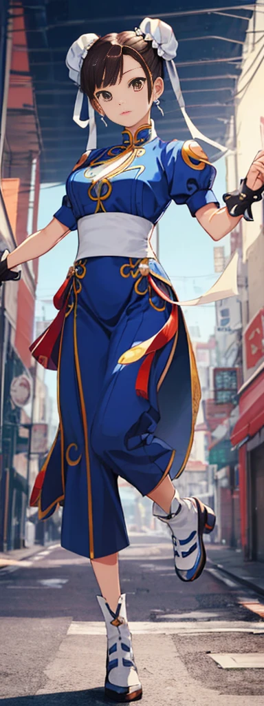 chun-li,((masterpiece)), ((best quality)), ((ultra detailed)), ((kawaii)), cute, (lovely), ((extremely detailed)), ((8K)), (beautiful),flat breast, tiny breast,full body