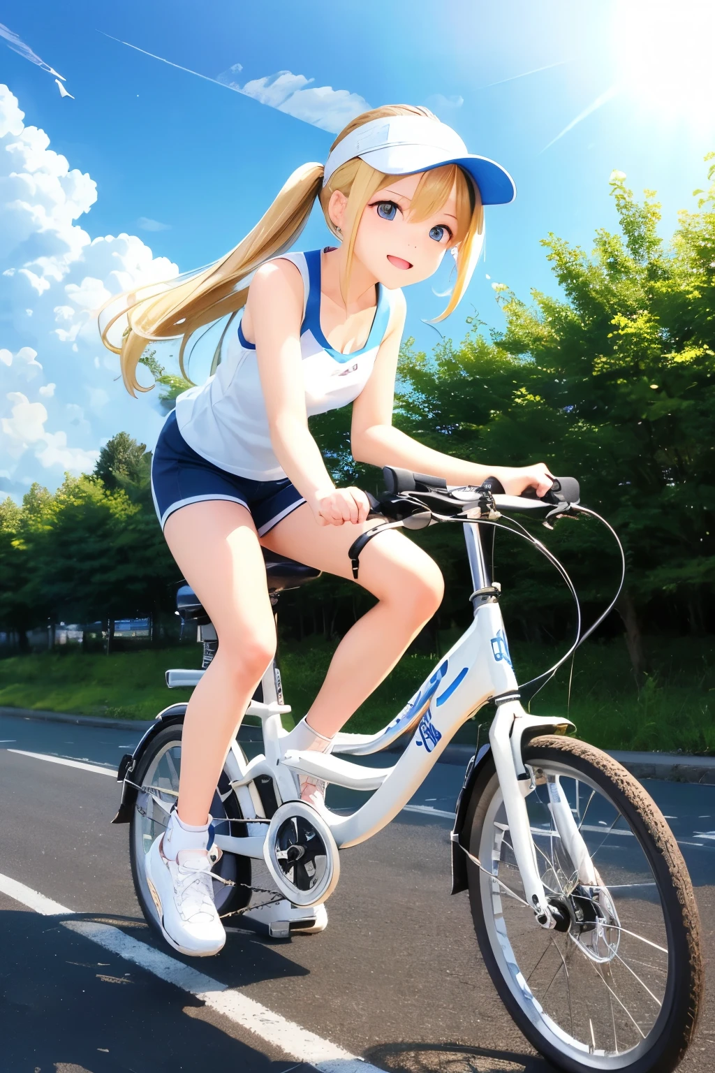 (Highest quality:1.2)。One Woman。Vibrant beautiful woman。Blonde long ponytail。smile。(White sun visor)。Tank top。Shorts。sneakers。For sports(bicycle)get on。The background is blue sky, white clouds and a suburban cycling path。