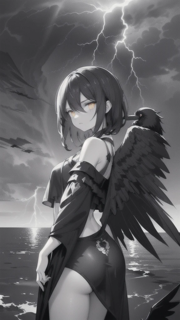 (dark hair,short black hair),(golden eyes),(swimsuit),(ravens),(high contrast,monochrome,black and white),(mystery,ominous),(stormy atmosphere,thunderstorm),(dramatic lighting),(detailed textures),(dynamic pose),(dark background)