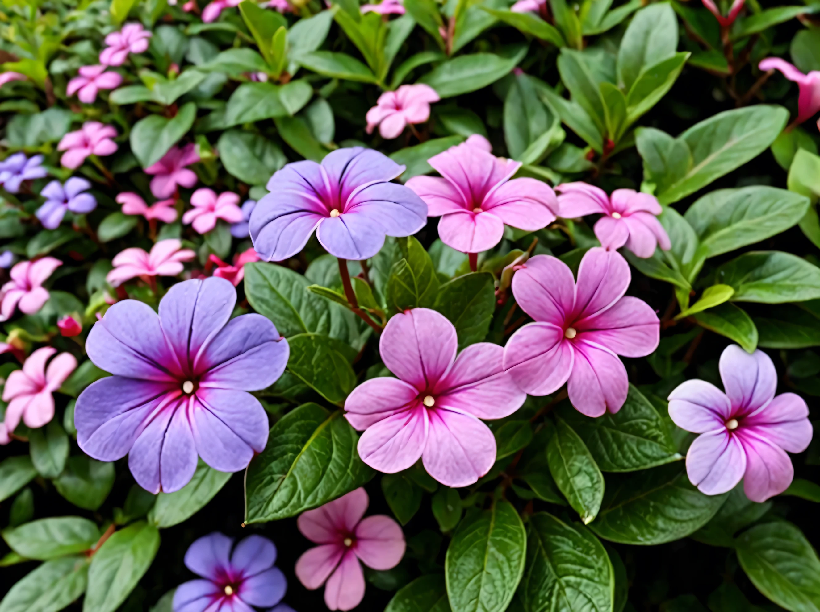 Madagascar Periwinkle (Catharanthus roseus) ,outdoors, realistic scenery. very wide shot, landscape, film, professional, 4k