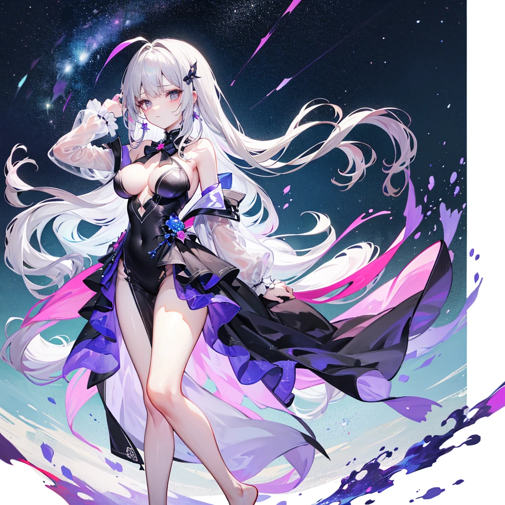 Lilac gradient hair,Asymmetrical hair,((Hair is very thick 1.8,Hair is well-defined1.6)), Hair over the shoulder, messy hair, Very long hair, shinny hair,(Long gray hair:1.2),A beautyful girl,(Luxurious Platinum Mini ta,Made of transparent material),(Transparent clothes transparent 1.8),perfect body figure,high and high,slenderness,(looking sad,Haggard complexion、pale nipples ,grieves,close your mouth:1.2) Against the backdrop of an unusually bright dark starry sky,(Place your hands behind your back),(Round, medium large, firm breast),The barefoot,afloat,waterface,(long leges,long leges,long leges,Perfect leg shape),fully body photo。