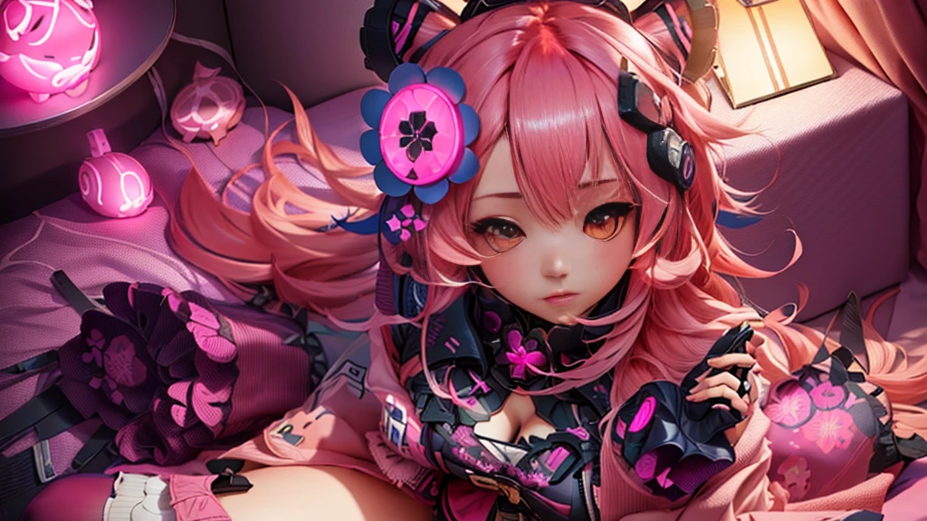anime girl with pink hair and pink dress sitting on a bed, guweiz, kawacy, , [ 8k digital art ]!!, official artwork, from arknights, atelier lulua, 8k!!, 4k!, ❤🔥🍄🌪, best anime 8k konachan wallpaper, lolish, pixiv, youtube banner