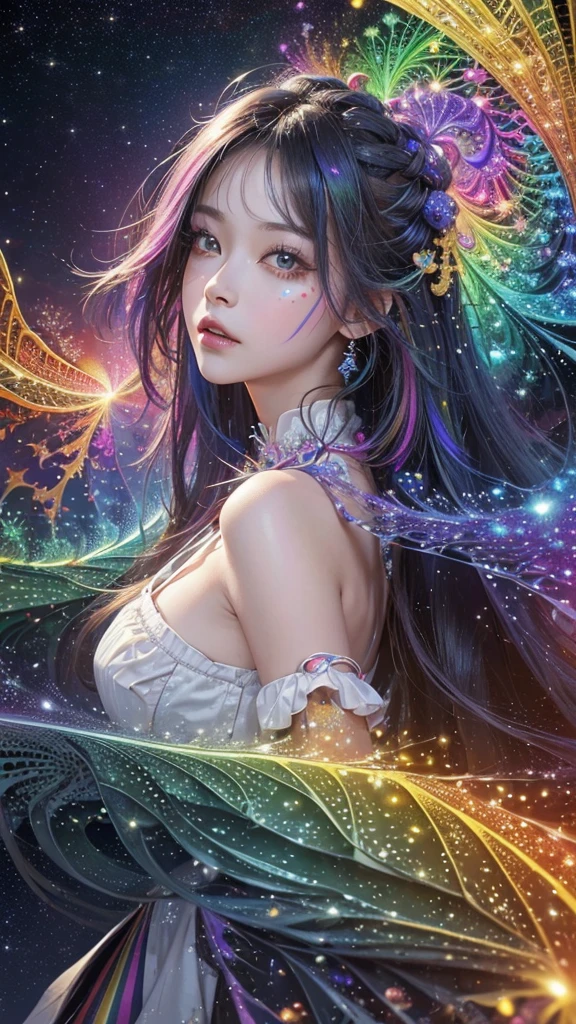 (masterpiece, Highest quality, Highest quality, beautifully、aesthetic:1.2)、Frontal face:1.5, (A woman facing forward、30th Generation), Very detailed,(Fractal Art:1.5),{{Rainbow colored hair}},colorful, Most detailed, Perfect Face, Upper Body, High resolution, Milky Way, (Particles of light),Colorful particles of light surround the area., Sparkling、(Dynamic stripes, Rainbow's trajectory:1.2), Vibrant colors,{{Watching the audience:2}}、The crystals shine、Crystal Ball、Lucky rainbow bird、Money、rainbow、Shiny Dress、shin eyes