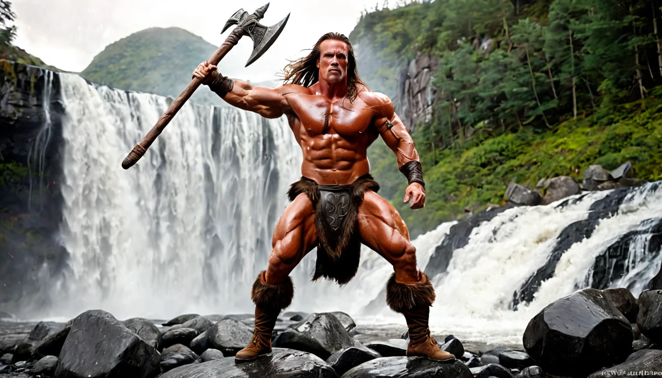 warrior, barbarian, super muscular, with the face of Arnold Schwarzenegger, long brown hair, moving with the wind, (best quality, realistic, ethereal: 1.2), (full body can be seen), strength and determination, ( legendary super fire ax in hand), (medium shot) in the background, waterfall mountains, trees, the ground is made of wet black stones, heroic pose, fight, epic artistic representation, green and black tones, red fog, studio lighting .