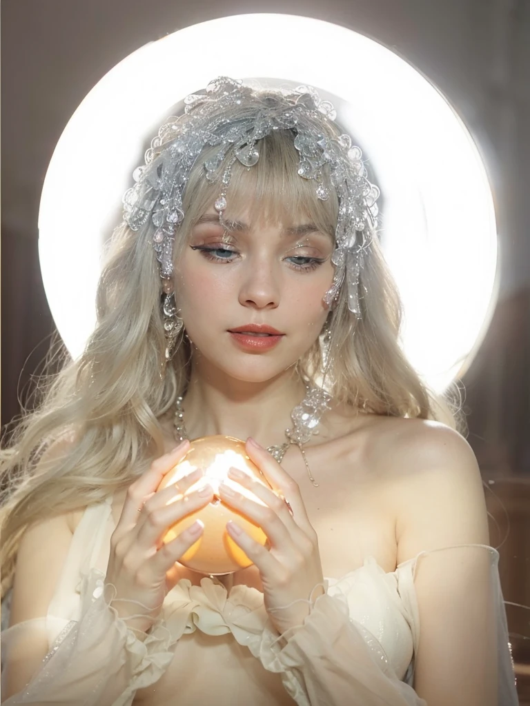 Realistic photo of a beautiful 4m4nd4s-v2 woman, 1girl, 独奏,((deep red lips)), long hair, smile, blonde hair, jewelry, green eyes, earrings, lips, realistic, soft lighting, professional Photography, Photorealistic, detailed, RAW, analogue, sharp focus, 8K, HD, dslr, high quality, Fujifilm XT3, film grain, award winning, masterpiece,Blue Eyes，18 years old foreign girl，Holding a glowing crystal ball in hand
