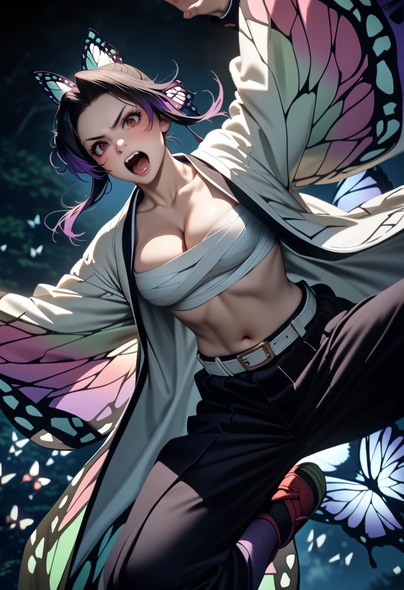 k0ch0ush1n0bu, shinobu kochou, black hair, ((flying many butterfly background:1.5)), butterfly hair ornament, butterfly print, forehead, gradient hair, hair ornament, haori, multicolored hair, parted bangs, purple hair, short hair, two-tone hair,belt, black pants, butterfly print, coat, demon slayer uniform, haori, japanese clothes, pants, uniform,,1  japanese muscular girl,perfect hands,perfect anatomy, masterpiece, best quality,realistic, hyperrealistic, 16k hdr,medium breasts,outdoor,night,japanese old garden,(angry:0.8),red blush,dynamic pose,dynamic angle,(jump,kick,in the air:1.5),(from below,:1.2) ,(open jacket to neck,japanese sarashi,cleavage,navel:1.2),