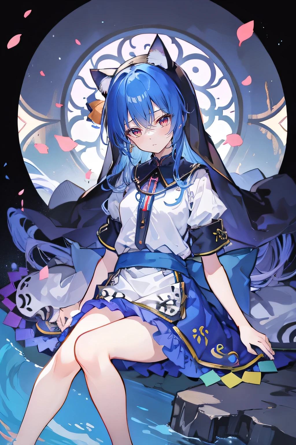 (masterpiece:1.2),Extremely detailed,Practical,expressive eyes,Fair skin,Perfect face shaping,1 Girl,
Japanese cartoons,Gorgeous blue hair, the long flowing blue hair,Floating clothes,Cat ears,Petals fall,beautiful lola,Angel,
Place your hands on your waist,sit elegantly on the ground,Cross your legs,Gentle and peaceful background,stately church,nun。