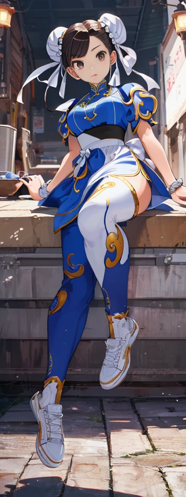 chun-li,((masterpiece)), ((best quality)), ((ultra detailed)), ((kawaii)), cute, (lovely), ((extremely detailed)), ((8K)), (beautiful),flat breast, tiny breast,full body