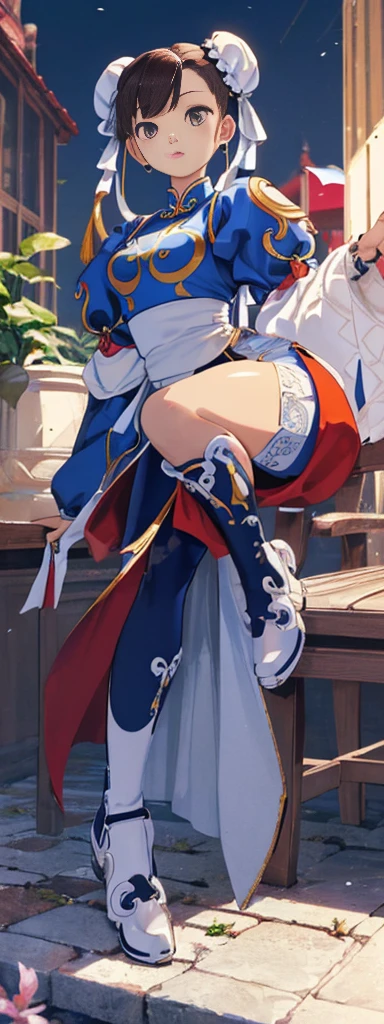 chun-li,((masterpiece)), ((best quality)), ((ultra detailed)), ((kawaii)), cute, (lovely), ((extremely detailed)), ((8K)), (beautiful),flat breast, tiny breast,full body