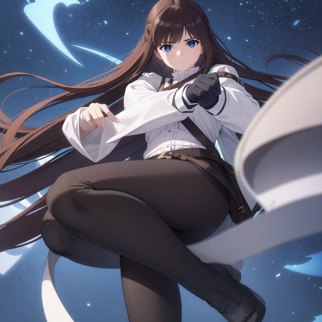 A women, long brown hair [Wavy hair at the end of the hair,], blue eyes [bright pupils 1.5] break 
White shirt[with white shirt collar], Black jacket[Zipped up half way], Space blue short, Black gloves[short gloves,cover only the wrist and middle finger], Black tights [cover until it reach the waist], White legs warm, Brown belt, Blown boots [Short]. Break 

