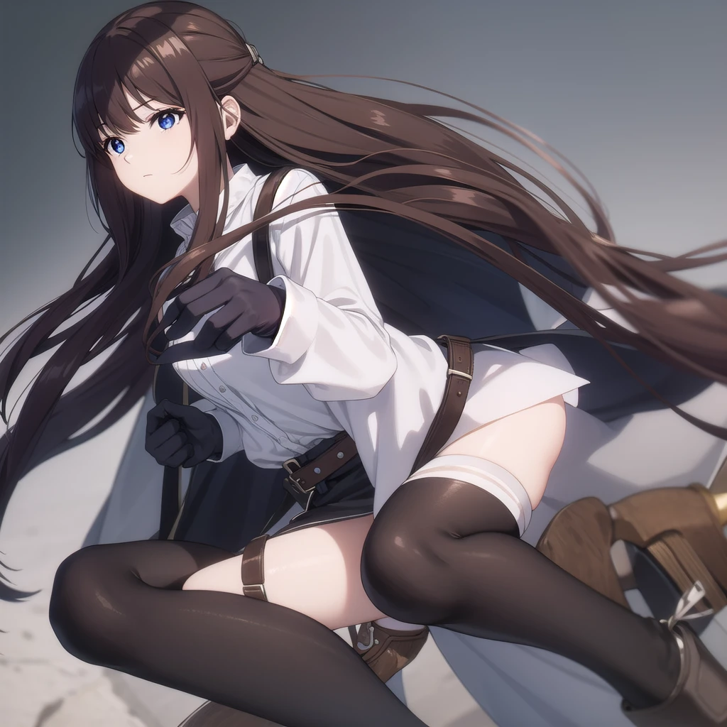 A women, long brown hair [Wavy hair at the end of the hair,], blue eyes [bright pupils 1.5] break 
White shirt[with white shirt collar], Black jacket[Zipped up half way], Space blue short, Black gloves[short gloves,cover only the wrist and middle finger], Black tights [cover until it reach the waist], White legs warm, Brown belt, Blown boots [Short]. Break 

