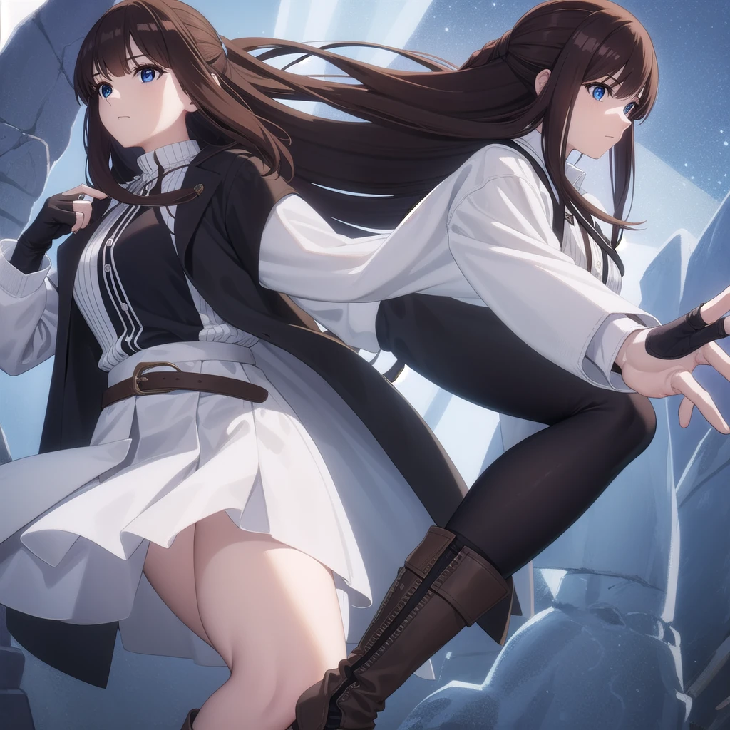 A women, long brown hair [Wavy hair at the end of the hair,], blue eyes [bright pupils 1.5] break 
White shirt[with white shirt collar], Black jacket[Zipped up half way], Space blue short, Black gloves[short gloves,cover only the wrist and middle finger], Black tights [cover until it reach the waist], White legs warm, Brown belt, Blown boots [Short]. Break 

