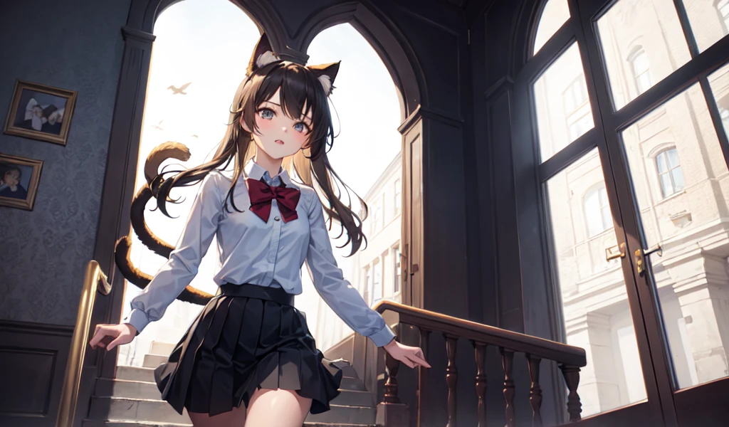 ((Highest quality)), ((masterpiece)), (detailed), 1 pretty girl, A female student with cat ears and a tail is climbing up the handrail of a staircase and running through it,He seems very panicked.,The skirt is fluttering and dynamic.