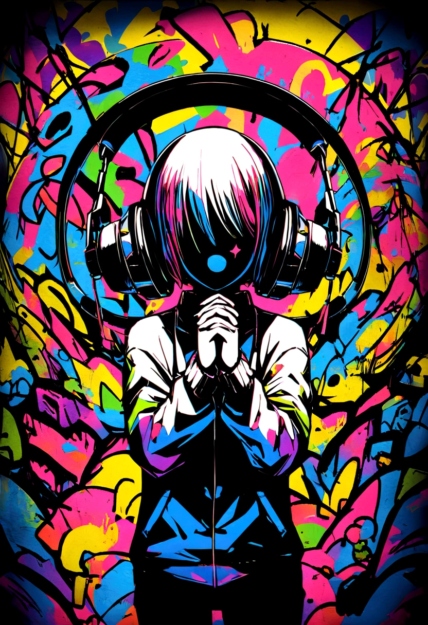 graffiti, Hands clasped in prayer, at the background you see headphones, in a graffiti style, 8k,, Full image, High resolution High contrast