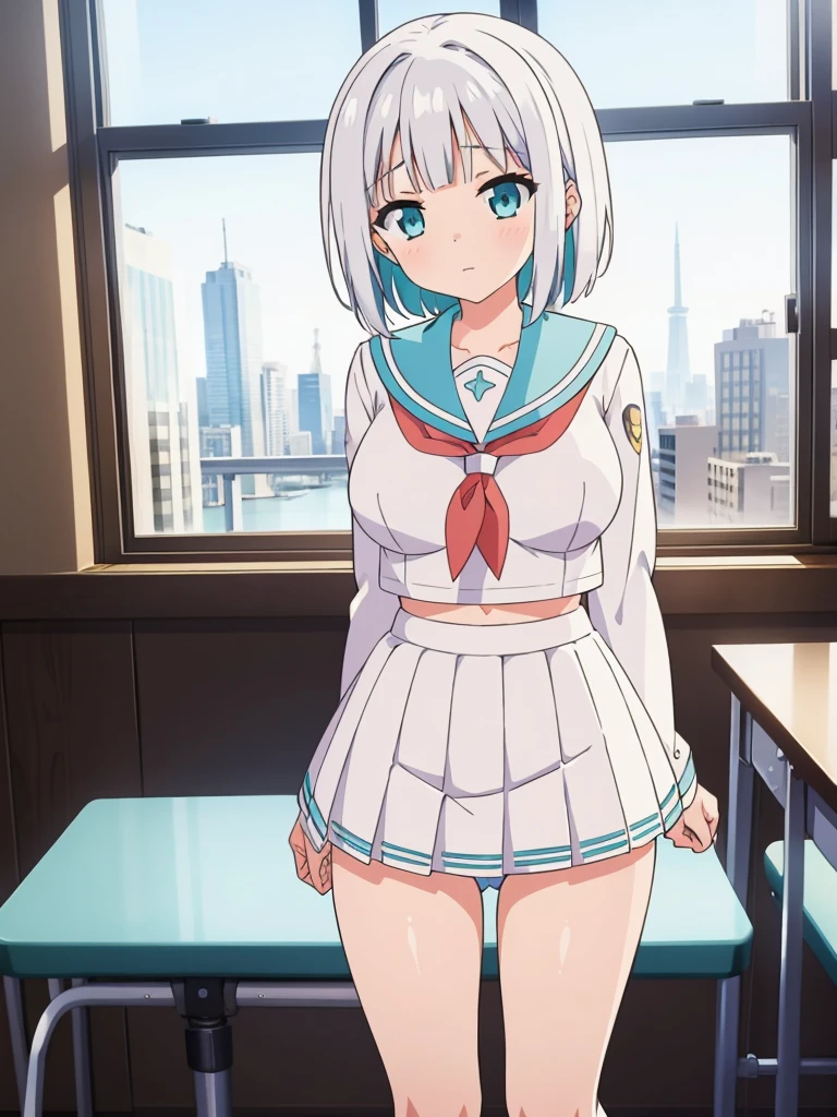 (masterpiece), classroom, 1girl, medium hair, white hair, (aqua eyes:1.2), (white sailor collar:1.2), serafuku, white skirt, pleated skirt nsfw show panties open legs