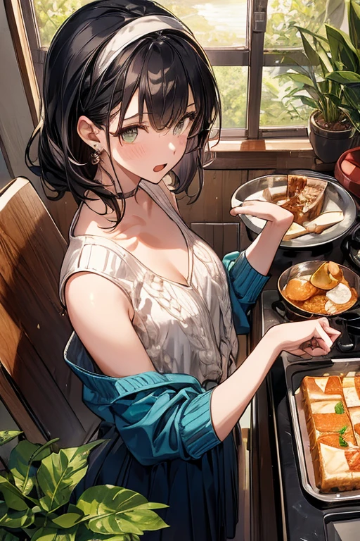 (small breasts:1.2), (perky chest:1.2), (pointed chest:1.2), (Pudding cake magazine cover:1.3),(from above:1.0),(from side:0.9),masterpiece, 1girl, Amazing Cleavage:1.1, thin waist, big ass, Raised sexy, posed cleavage:1.2、solo, looking at viewer, open mouth, have a cute grass of cute beergrass,black hair, dark green eyes, dress, bare shoulders, jewelry, collarbone, sidelocks, hairband, earrings, indoors, off shoulder, sweater, arms behind back, plant, short hair with long locks, gild hairband, off-shoulder dress, sweater dress, off-shoulder sweater, red sweater, dark gord hair, big side hair, very long side hair,is rendered in (masterpiece: 1.2, best quality), with (ultra high resolution) and an exquisite (depth of field). This masterpiece is not only visually stunning but also tells,A scene of cooking in the kitchen by classroom