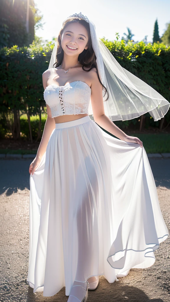 (Surrealism, Natural light, masterpiece, Super detailed, Anatomically correct), (Please pinch your skirt and dance, Grin, Looking at the camera:1.3), (Maxi Long Skirt, White Wedding Dress, Wedding Veil), (Surreal Girl, 16 years old, Small waist and large bust style, low length, Sister&#39;s Girl, Round face, Eyebrows downwards, Short Bob Cut, Black Hair, bangs, 1 earring, Vivid eyes, A slight blush, Look at the viewers, Affectionate Cute:1.2), (Wide grassland, blue sky)