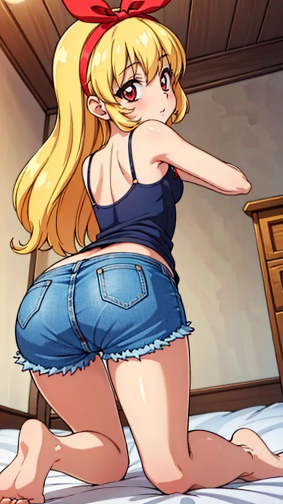 (RED Ribbon on HAIRband:1.2),nsfw, 1girl, (7yo :1.4), solo focus, back view, Blonde_HAIR,(from below:1.4), 
blush, (small and tiny hip), thin butts, thin thigh, buggy (camisole), (denim hotpants:1.2),
(kneeling, on all fours:1.2), (looking back, looking at viewer:1.4), (sticking out butts:1.2),
(in the Bedroom), indoors, dutch angle