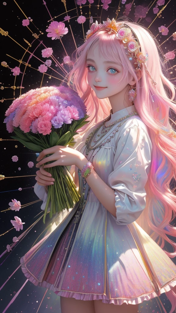 anime Beautiful slim girl holding flowers, Deepmix minimalism3D/Maximalism2D Pointillism photorealistic Oil/water absurdres painting.cute happy expression, stencil Holos+punk/pink sapphire+opal kaleidoscope in Onyx background.diffuse ionosphere reflection.vivid iridescent sharp vibrant contrast colors.masterpieces elaborated from Edgar Degas+Vermeer+Mucha+mone.intricate Ne+Au+Ug+Sg magnetosphere detail. Id Definition.