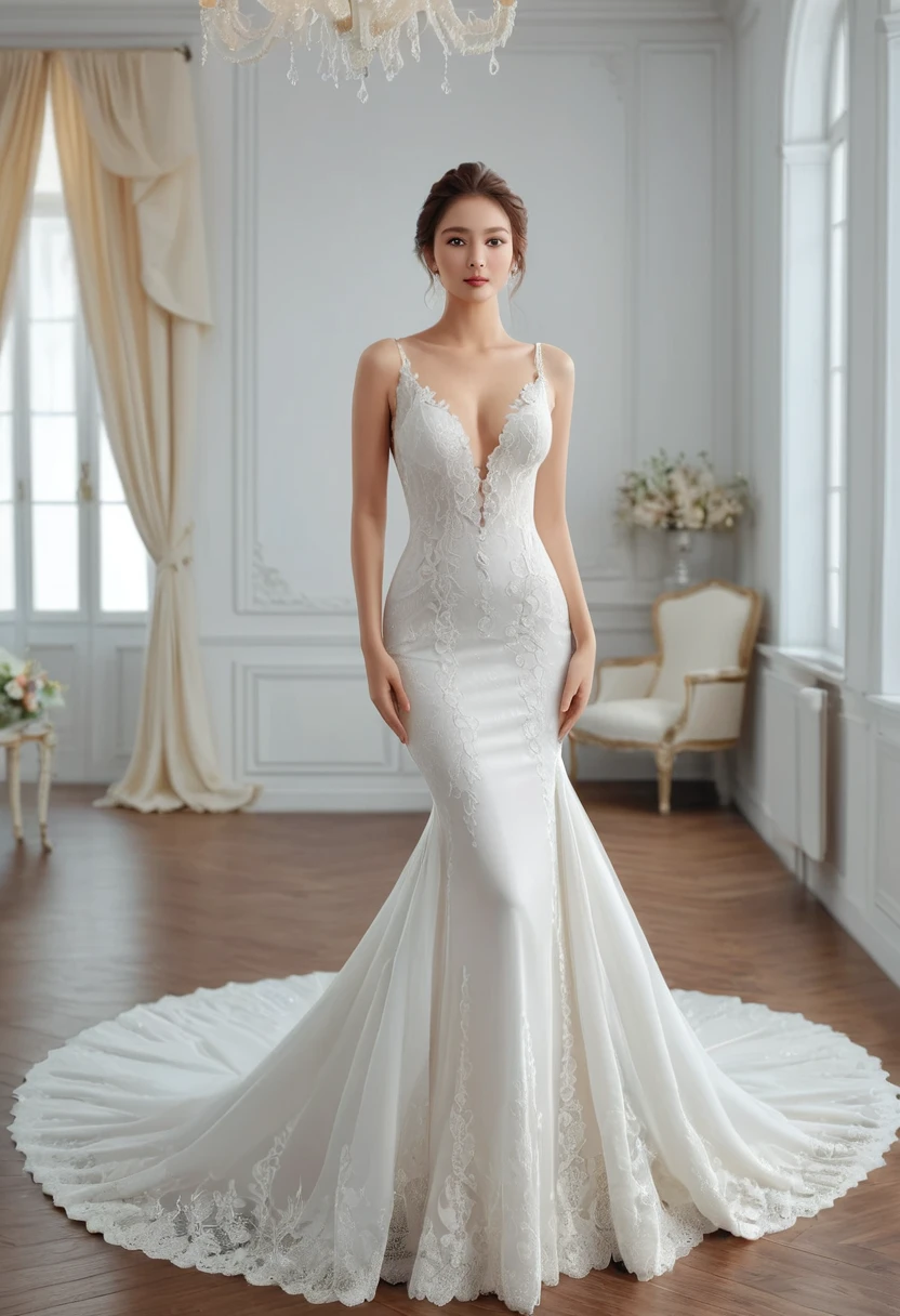 Top quality, Masterpiece, hyper HD, (Photorealistic: 1.4), RAW photo, 1girl,solo,Fashion model,Wearing a white mermaid wedding dress, v-neck dress style, Lace material, long tail, full body, in white room,Stand upright and look straight.