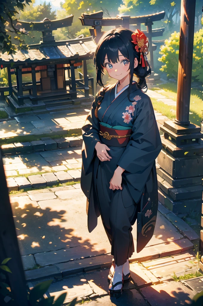 (masterpiece), (high resolution 8K), professional illustration,(1 girl:1.3), late teenage, standing, thigh focus, dutch angle, japanese clothes, kimono, hair ornament, long hair, smile, looking up, shrine, temple, torii, beautiful starry sky, night,natural lighting, high contrast, stunning face, symmetrical clear eyes, detailed eyes and face, detailed skin