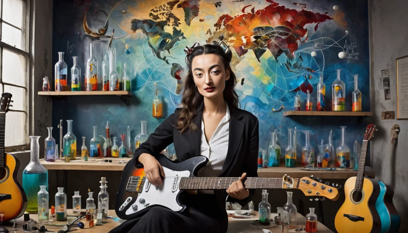 Masterpiece portrait of a beautiful woman on the wall; Guitars and drums in a small science lab(((several science bottles around the room))); (guitars and musical keyboards inside science bottles) World map on the wall. sciencie complete with speakers and glass flasks of chemistry, embody the resilience and tenacity of the scientific community, infused with a bold graphic allure that enlivens the spirit of science. The design penetrates layers of depth, integrating the raw essence and vibrant cores of Rio de Janeiro culture. Brushstrokes that incorporate the fluid energy of graffiti on guitars and acoustic guitars weave around dynamic geometric shapes, adorning the laboratories with an evocative masterpiece that speaks to the heart of the intersection between two diverse worlds. Majestically rendered in high definition and vibrant color, every detail bursts with life, inviting viewers to marvel at the beauty that; by Salvador Dali