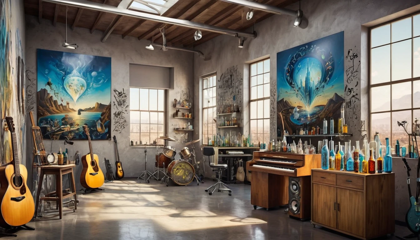 Masterpiece portrait of a beautiful woman on the wall; Guitars and drums in a small science lab(((several science bottles around the room))); (guitars and musical keyboards inside science bottles) World map on the wall. sciencie complete with speakers and glass flasks of chemistry, embody the resilience and tenacity of the scientific community, infused with a bold graphic allure that enlivens the spirit of science. The design penetrates layers of depth, integrating the raw essence and vibrant cores of Rio de Janeiro culture. Brushstrokes that incorporate the fluid energy of graffiti on guitars and acoustic guitars weave around dynamic geometric shapes, adorning the laboratories with an evocative masterpiece that speaks to the heart of the intersection between two diverse worlds. Majestically rendered in high definition and vibrant color, every detail bursts with life, inviting viewers to marvel at the beauty that; by Salvador Dali