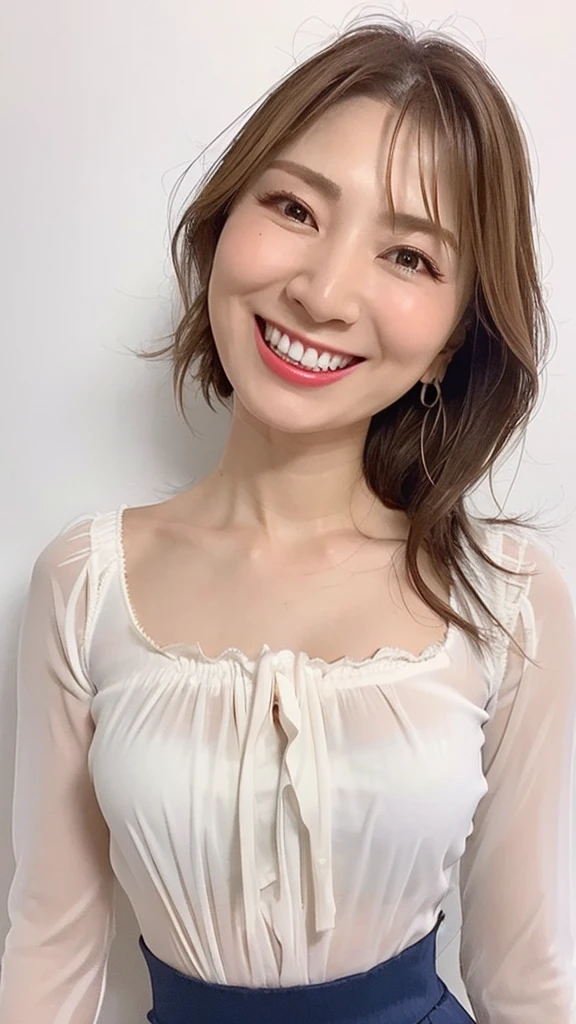 ((Highest quality)), ((8K)), ((masterpiece: 1.3)), (Perfect appearance), (Photorealism: 1.6), (AYN), (Woman standing in the middle of the stage), Japanese Mature, (58 years old), ((Realistic skin texture)), (Fine wrinkles appear all over the skin), (Dullness), (Unmoisturized skin) , (Facial wrinkles), (Wrinkles around the eyes), double eyelid, Lower eyelid tear trough, (Dimples), Short bangs, Long wavy hair, Smile with the corners of your mouth turned up, (Double teeth: 1.2), The gaze is directed here, (Open neck blouse: 1.4), (Three-quarter sleeves, Wide cuffs), (mini skirt), High heels, (whole body), (Angle from the feet),