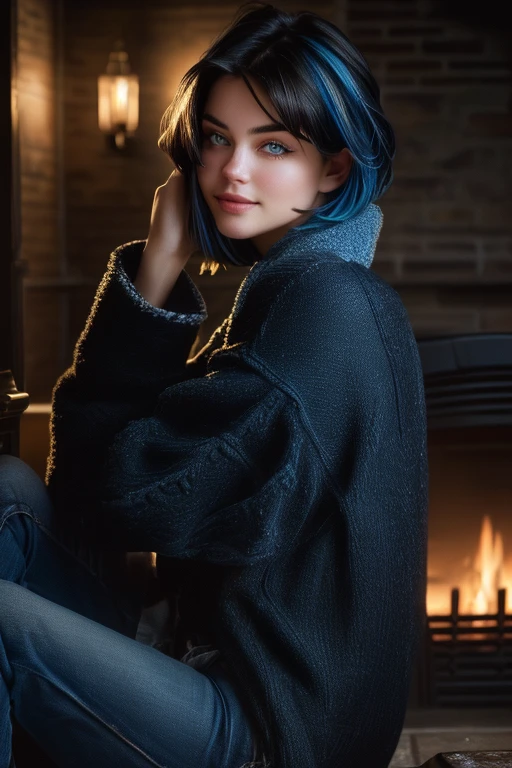Kate, short black hair with blue highlights, looking at the viewer, blue eyes, perfect body, ((winter clothes)), sitting in front of a fireplace, in an elegant inn, drinking hot chocolate, grin, short hair, black hair, streaked hair, blue hair, hair over one eye, hair behind ear, wide shot, panorama, cinematic lighting, Hyperrealism, close-up, cowboy shot, from side, cowboy shot, Hyperrealism, cinematic lighting, accurate, masterpiece, best quality, highres, 8k