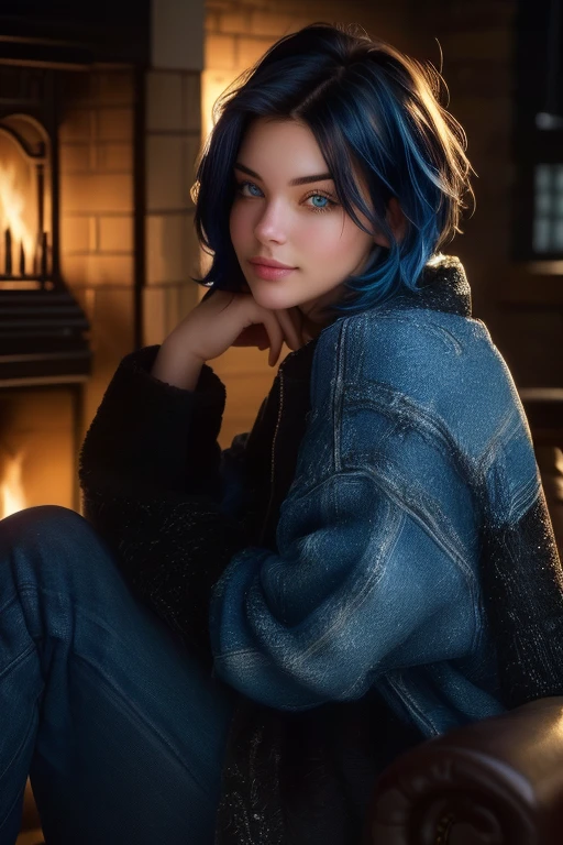 Kate, short black hair with blue highlights, looking at the viewer, blue eyes, perfect body, ((winter clothes)), sitting in front of a fireplace, in an elegant inn, drinking hot chocolate, grin, short hair, black hair, streaked hair, blue hair, hair over one eye, hair behind ear, wide shot, panorama, cinematic lighting, Hyperrealism, close-up, cowboy shot, from side, cowboy shot, Hyperrealism, cinematic lighting, accurate, masterpiece, best quality, highres, 8k