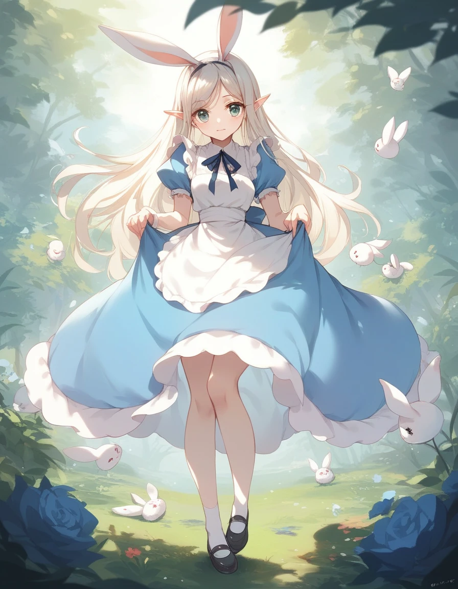 BREAK Perfect Anatomy、(High resolution:1.2)、Incredible illustrations、(Cute illustrations:1.2)、(Beautiful background) White Rabbit(Alice in Wonderland),(a girl,Elf 1.5meters, 40kg),Full body view