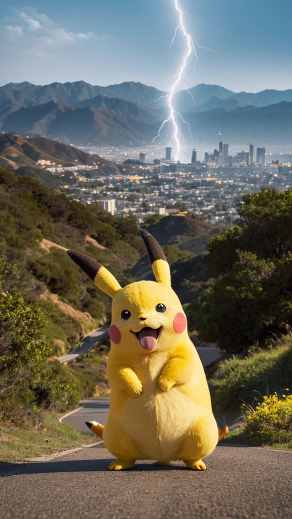 Create a vertically-oriented image (portrait mode) of Pikachu standing on its feet, facing forward with its arms raised in a ‘banzai’ pose. Pikachu should be depicted in its classic yellow color, with red cheeks, large pointed ears with black tips, and a tail shaped like a lightning bolt. Ensure that Pikachu’s eyes are big and expressive, with a friendly and cheerful expression. The background should feature the Hollywood Sign, capturing the iconic landmark in the hills. The image aspect ratio should be 9:16, and Pikachu should occupy approximately half of the image’s height.