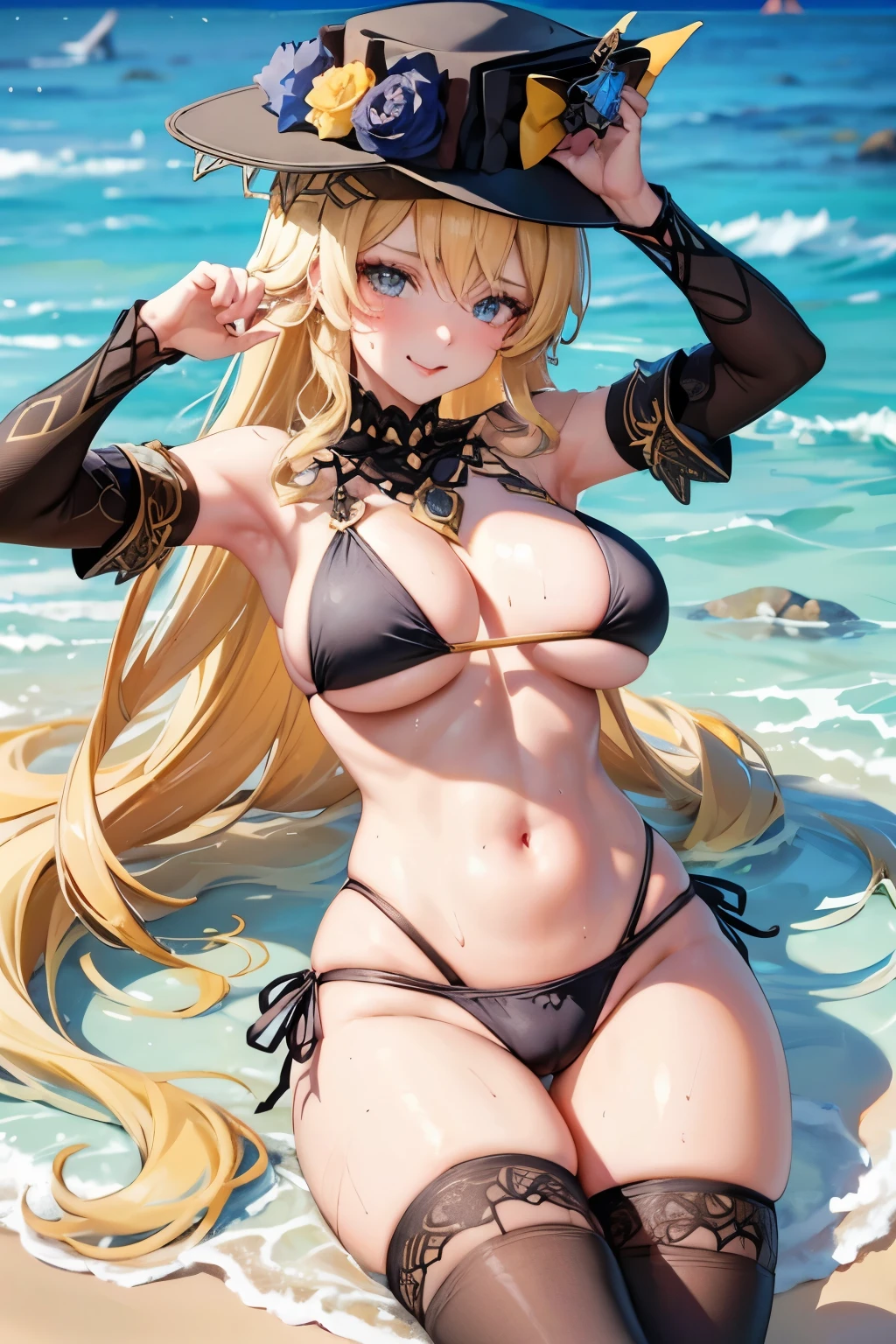 High quality, masterpiece, best solutions, sexy breasts, sexy body,beautiful breasts, perfect body,height 174cm, bust 98, gorgeous body, wearing a 7cm short bikini, black bra with beads, on the beach, legs wide open, armpits high, it's very hot, body covered in sweat foul smell, red face, tongue sticking out to lick armpit sweat, Navia, Genshin impacts, yellow hair, wearing a hat, big breasts, sexy armpits, sexy position ,Smooth hair, smooth skin.