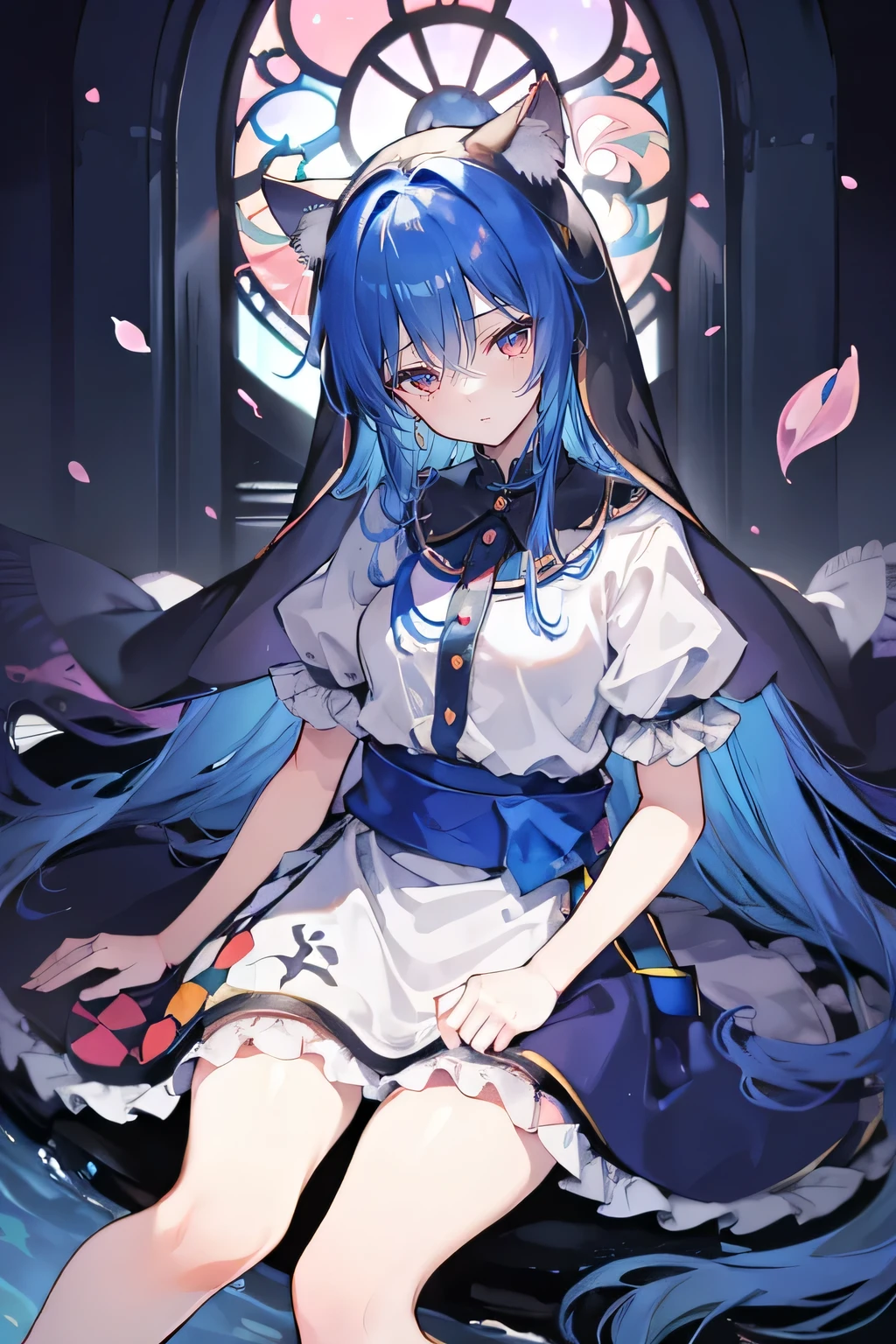 (masterpiece:1.2),Extremely detailed,Practical,expressive eyes,Fair skin,Perfect face shaping,1 Girl,
Japanese cartoons,Gorgeous blue hair, the long flowing blue hair,Floating clothes,Cat ears,Petals fall,beautiful lola,Angel,
Place your hands on your waist,sit elegantly on the ground,Cross your legs,Gentle and peaceful background,stately church,nun。